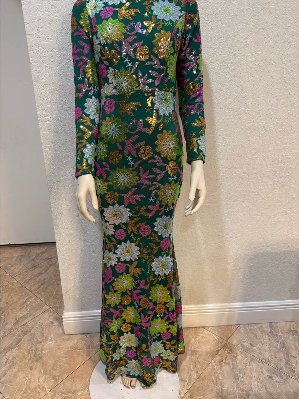Green Floral Sequin Long-Sleeve Maxi Dress